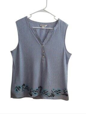 Croft & Barrow Blue White Striped Sleeveless Popover Top Floral Embroidery XXL